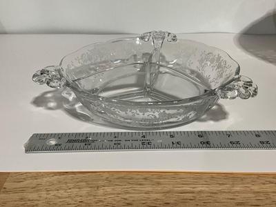 Vintage Fostoria Meadow Rose Clear Floral Etched Glass 8in, round w/divided dish.