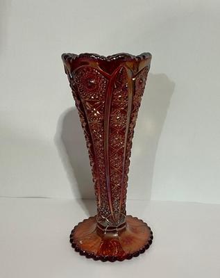 Vintage Imperial Sunset Carnival Glass Vase, Red Amberina 8”