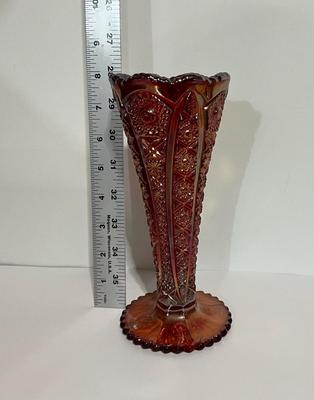 Vintage Imperial Sunset Carnival Glass Vase, Red Amberina 8”