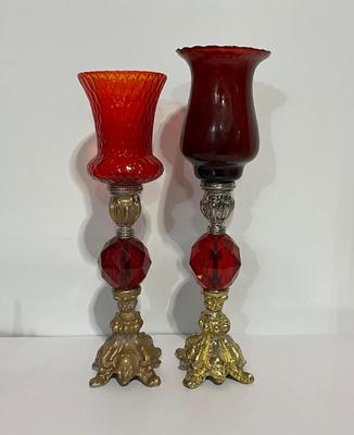Vintage Brass MC Ruby Red Faceted Lucite Candle Holders