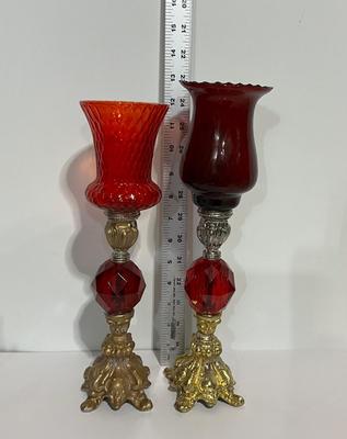 Vintage Brass MC Ruby Red Faceted Lucite Candle Holders
