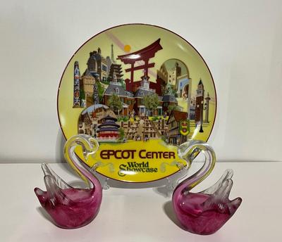 Epcot Center at Disney World 1982 made in Japan plate with 2 pink glass swans