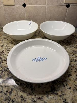 Cornflower blue pie plate & 2 white serving bowls