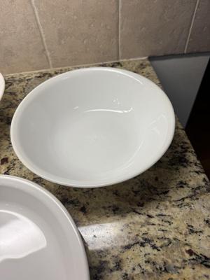 Cornflower blue pie plate & 2 white serving bowls