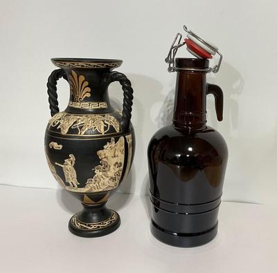 Decorative Hand Painted Vase made in Greece, w/2 Liter Beer Growler