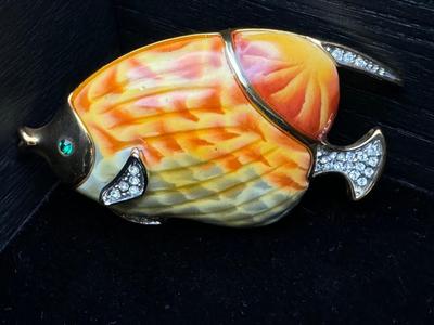 Vintage Fish Brooch / Pin Enamel & Rhinestones - Signed