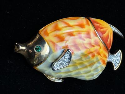Vintage Fish Brooch / Pin Enamel & Rhinestones - Signed