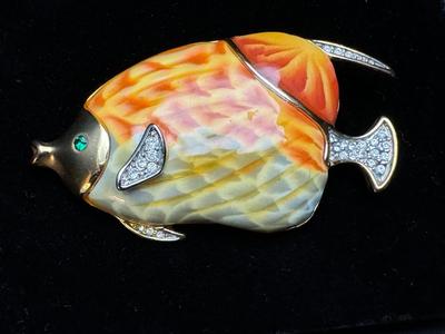 Vintage Fish Brooch / Pin Enamel & Rhinestones - Signed
