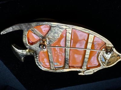 Vintage Fish Brooch / Pin Enamel & Rhinestones - Signed