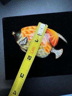 Vintage Fish Brooch / Pin Enamel & Rhinestones - Signed