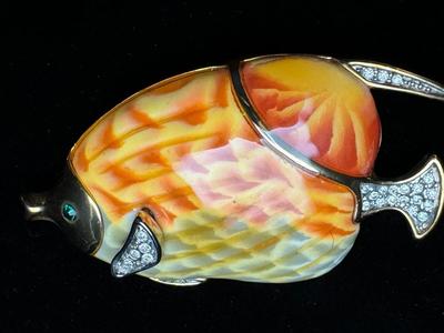 Vintage Fish Brooch / Pin Enamel & Rhinestones - Signed