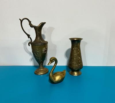 Vintage Decanter, Mini Solid Brass Swan, India Brass mini vase