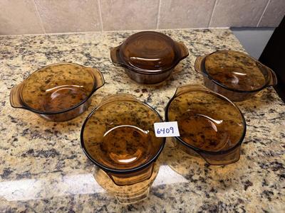 5- anchor hocking Amber glass 12 oz casserole dishes-one lid