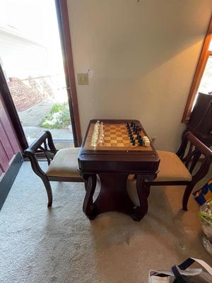 BEAUTIFUL INLAID WOODEN GAME TABLE WITH 2 CHAIRS