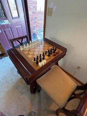 BEAUTIFUL INLAID WOODEN GAME TABLE WITH 2 CHAIRS