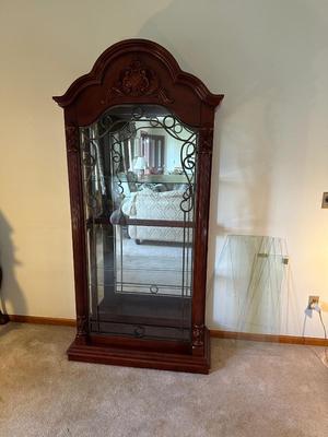ORNATE LIGHTED CURIO CABINET WITH MIRRORED BACK