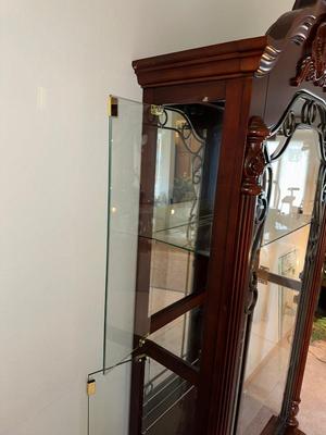 ORNATE LIGHTED CURIO CABINET WITH MIRRORED BACK