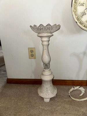 HANGING CLOCK ON AN IRON FRAME AND 2 FLOOR PILLAR CANDLE HOLDERS