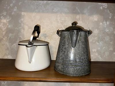 GRANITE WARE COFFEE POT AND ENAMEL KETTLE
