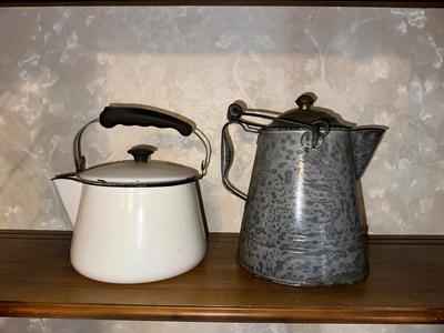 GRANITE WARE COFFEE POT AND ENAMEL KETTLE