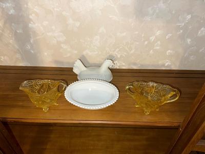 MILK GLASS HEN ON NEST AND GLASS SUGAR CREAM SET