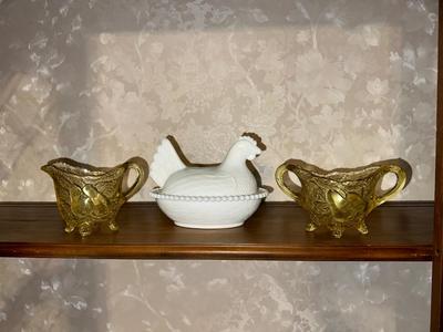 MILK GLASS HEN ON NEST AND GLASS SUGAR CREAM SET