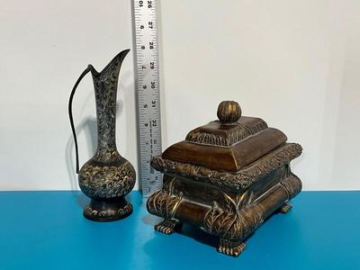 Vintage Etched Brass Pitcher, Ornate Decorative Jewelry box with weight.