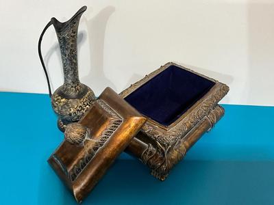 Vintage Etched Brass Pitcher, Ornate Decorative Jewelry box with weight.