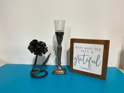 Metal flower decor, silver plated candle stick, wooden decor