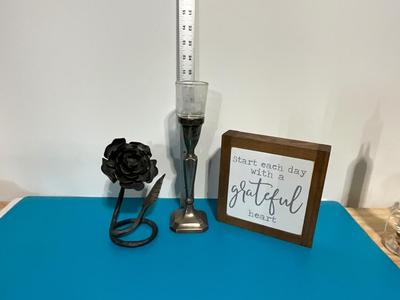 Metal flower decor, silver plated candle stick, wooden decor