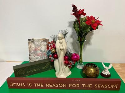 Jesus is the Reason group, Mother Mary Vase and green/clear glass vase, decor