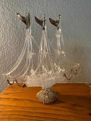 GORGEOUS HAND SPUN GLASS SAILBOAT, MARBLE BOOKENDS & OCCUPIED JAPAN FIGURE