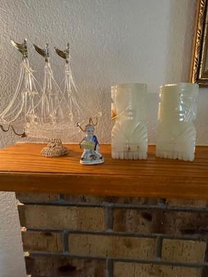 GORGEOUS HAND SPUN GLASS SAILBOAT, MARBLE BOOKENDS & OCCUPIED JAPAN FIGURE