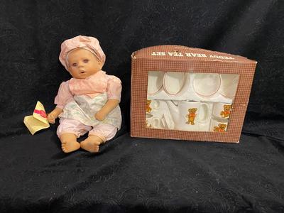 ELITE DOLLS PORCELAIN BABY ZACHARY AND TEDDY BEAR CHILD TEA SET