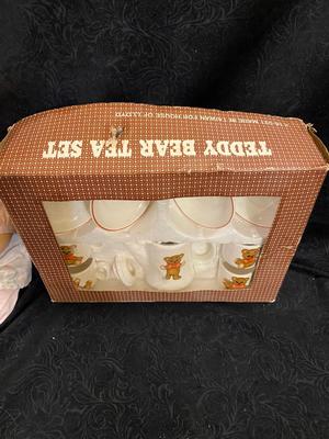 ELITE DOLLS PORCELAIN BABY ZACHARY AND TEDDY BEAR CHILD TEA SET