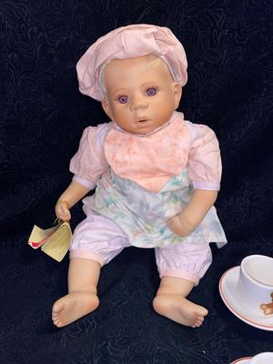 ELITE DOLLS PORCELAIN BABY ZACHARY AND TEDDY BEAR CHILD TEA SET