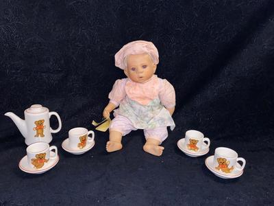 ELITE DOLLS PORCELAIN BABY ZACHARY AND TEDDY BEAR CHILD TEA SET