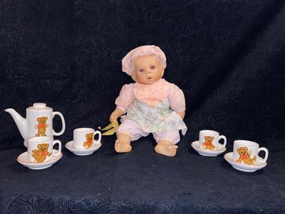 ELITE DOLLS PORCELAIN BABY ZACHARY AND TEDDY BEAR CHILD TEA SET