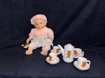 ELITE DOLLS PORCELAIN BABY ZACHARY AND TEDDY BEAR CHILD TEA SET