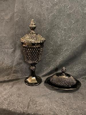 INDIANA TIARA BLACK DIAMOND POINT BUTTER DISH AND COVERED JAR