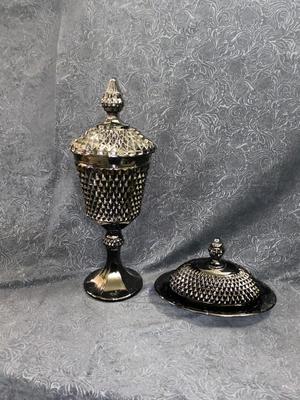 INDIANA TIARA BLACK DIAMOND POINT BUTTER DISH AND COVERED JAR