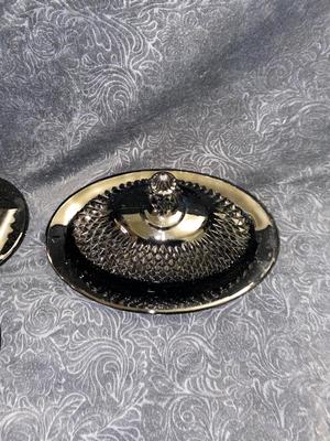 INDIANA TIARA BLACK DIAMOND POINT BUTTER DISH AND COVERED JAR