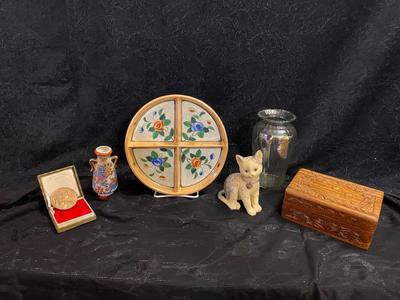 GREAT WALL OF CHINA SOUVENIR COIN, CARVED WOODEN BOX, HAND PAINTED DISH AND VASE