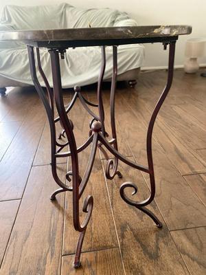 Two Marble Top Accent Tables with Wrought Iron Base.