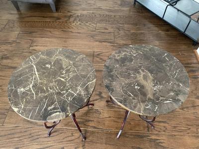 Two Marble Top Accent Tables with Wrought Iron Base.