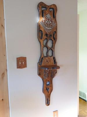 Long wall hanging wooden plant shelf with beautiful tile accent