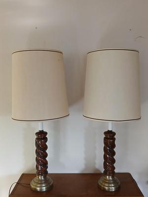 Matching twist style base wooden lamps with shades