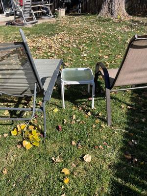CHAISE LOUNGE, CHAIR AND TABLE