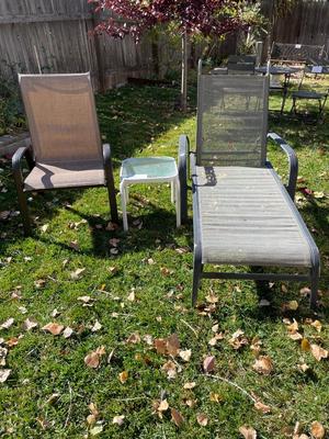 CHAISE LOUNGE, CHAIR AND TABLE