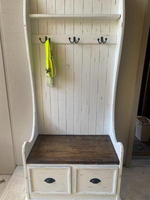 Rustic Dutch Hall Tree with Bench in Antique White